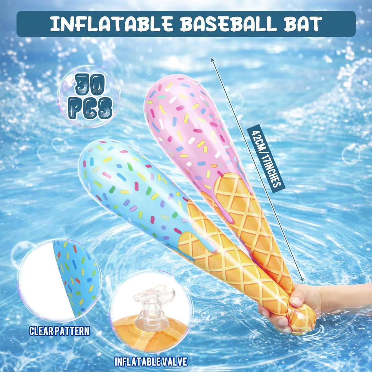 Teyva Daily 17-inch inflatable bat in pink and blue, robust for indoor and outdoor play.