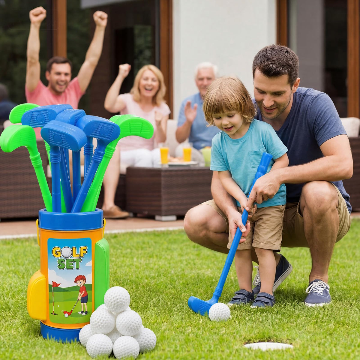 Teyva Daily child playing backyard with mini golf set