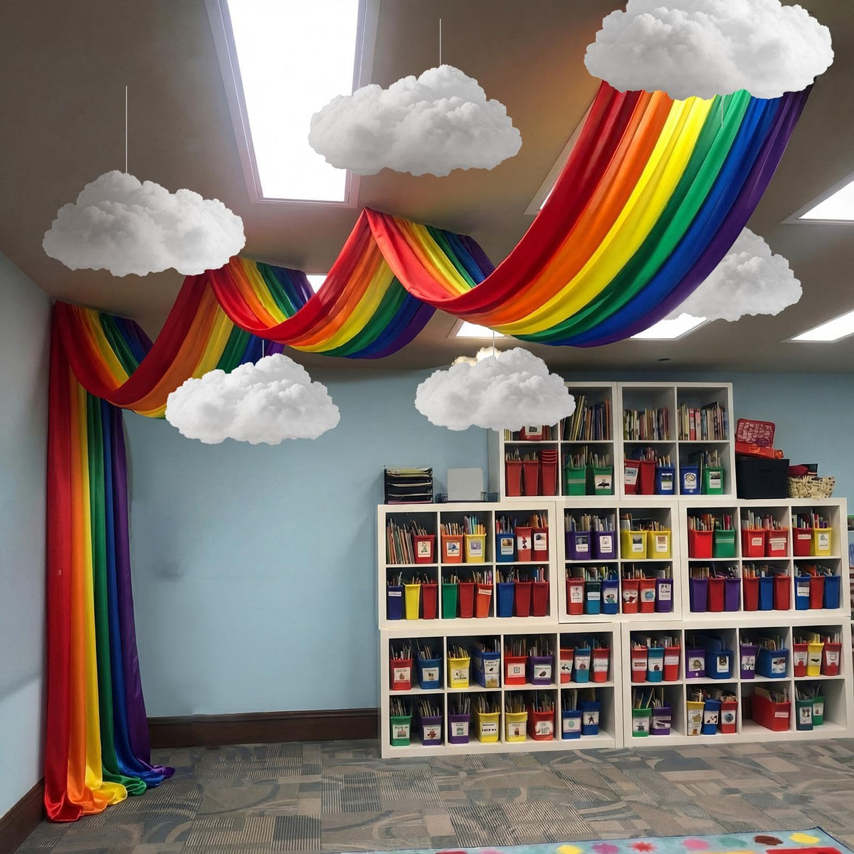 Teyva Daily rainbow ceiling banner brightens spaces and creates a playful photo backdrop