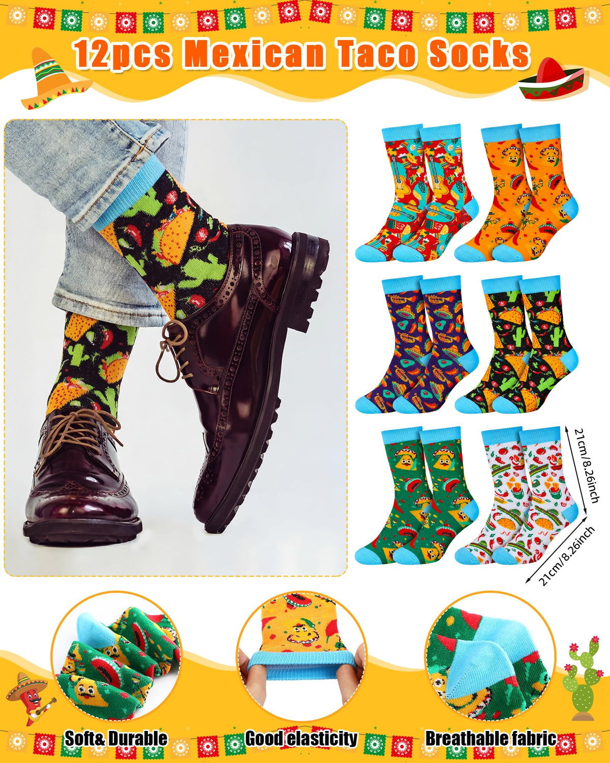 Teyva Daily taco socks provide whimsical comfort for fiesta looks.