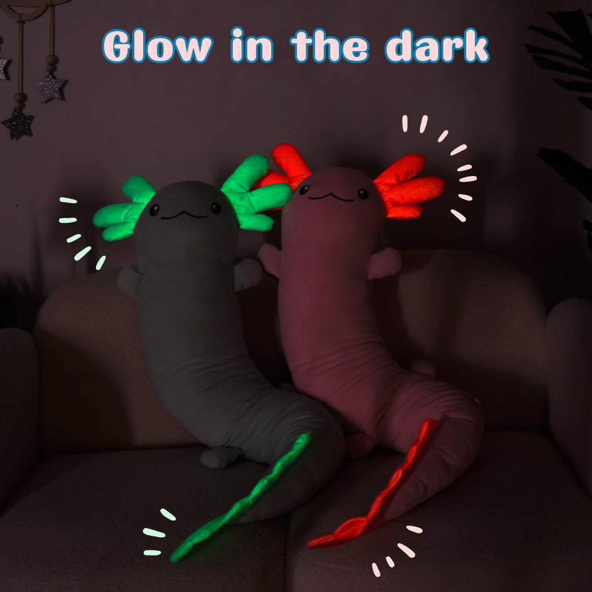 Tezituor axolotl glow dark plush glows after light exposure for cozy nights.