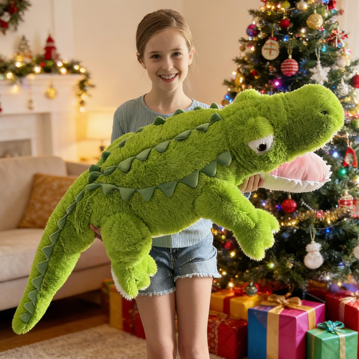 Tezituor crocodile plush with belly zipper keeps stuffing tidy.