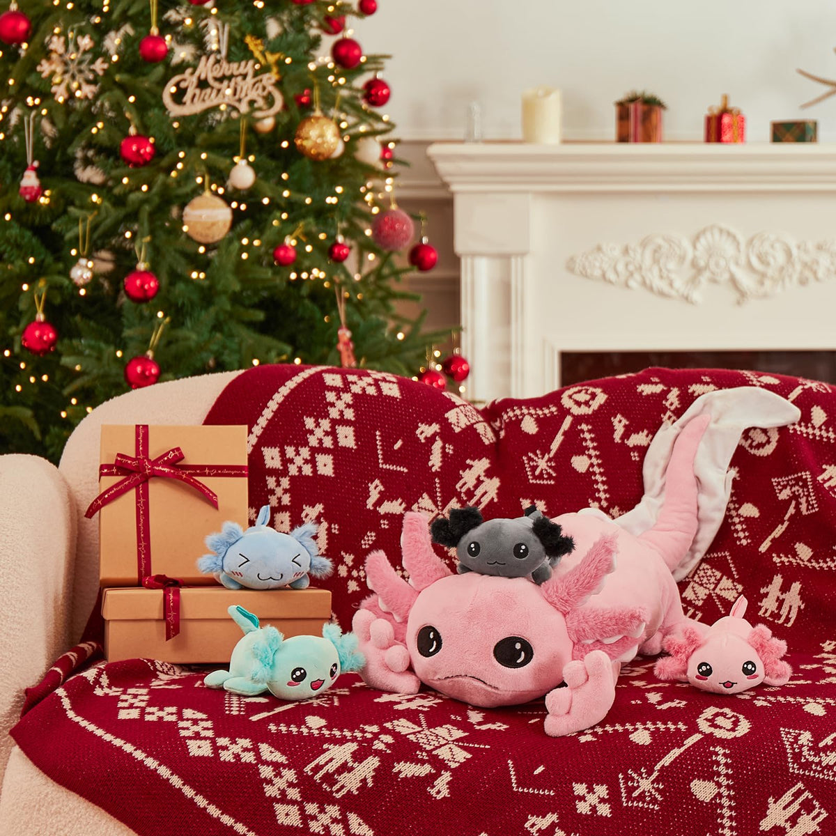 Tezituor giant axolotl plush bedroom decor—warm, friendly accent for beds and couches.