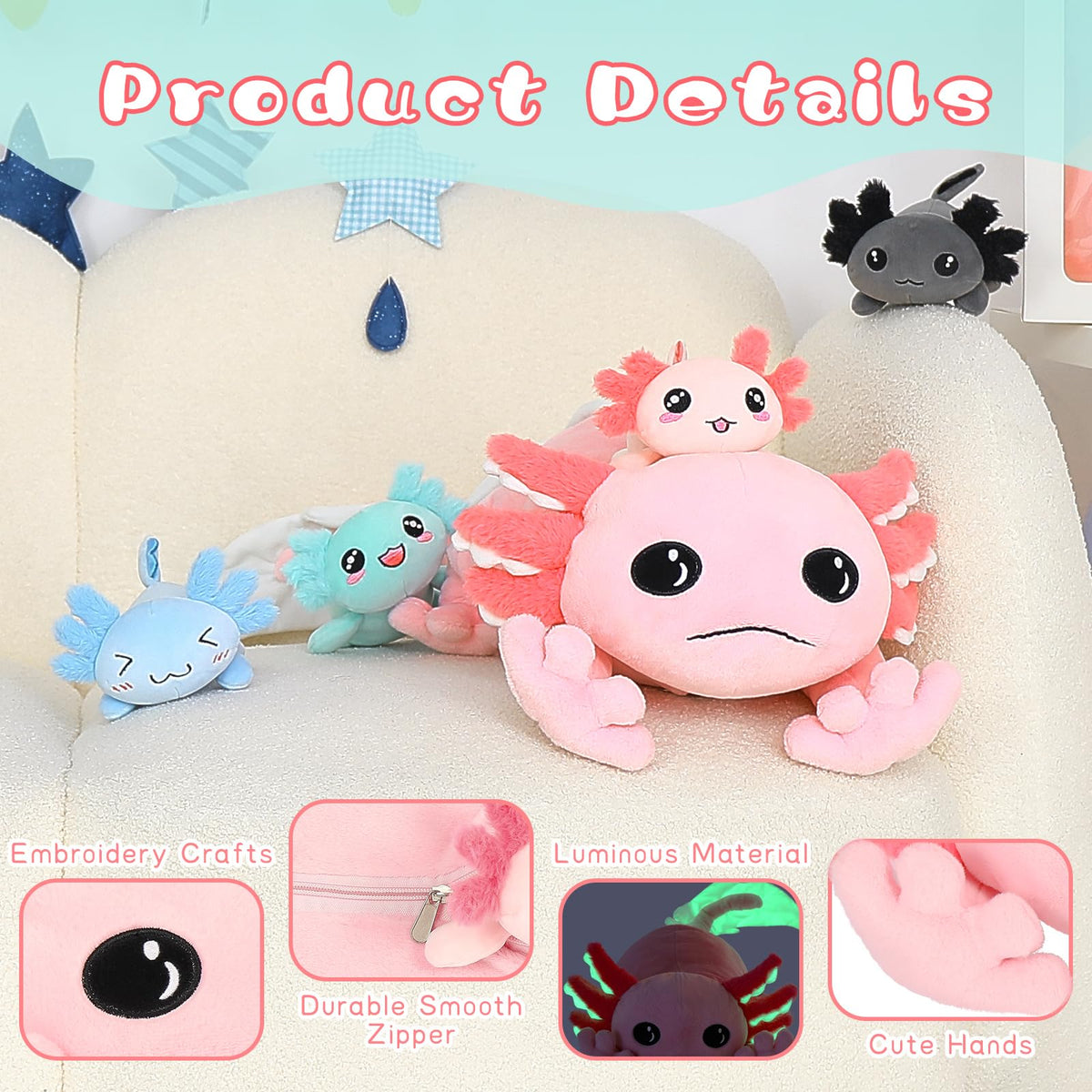 Tezituor giant axolotl plush soft fabric close-up—skin-friendly texture for cozy snuggles.