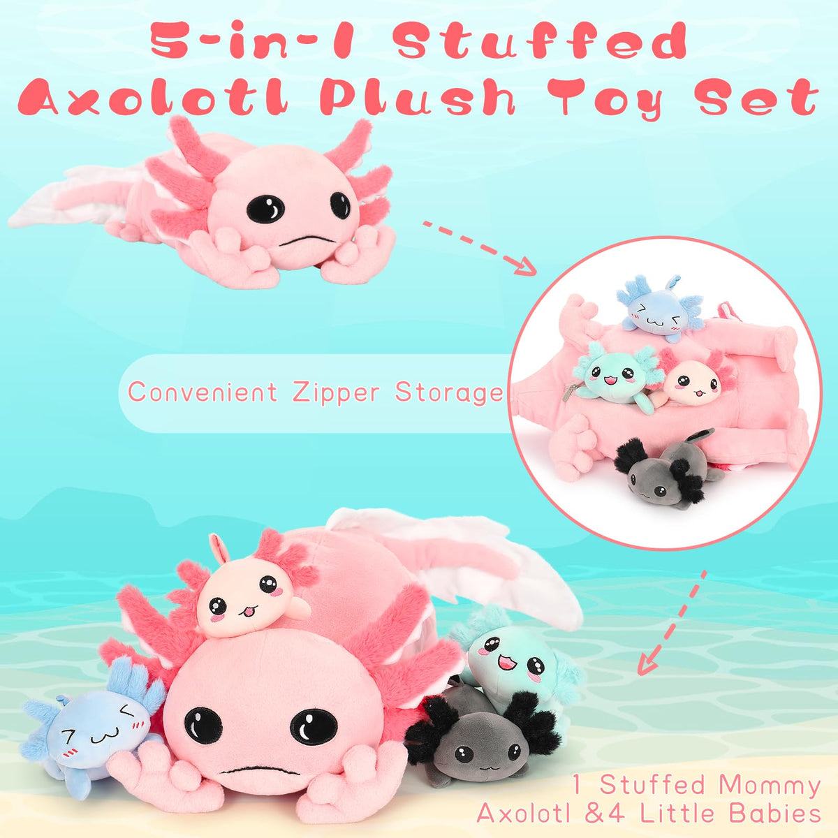 Tezituor giant axolotl plush tummy with babies inside—fun surprise for kids and collectors.