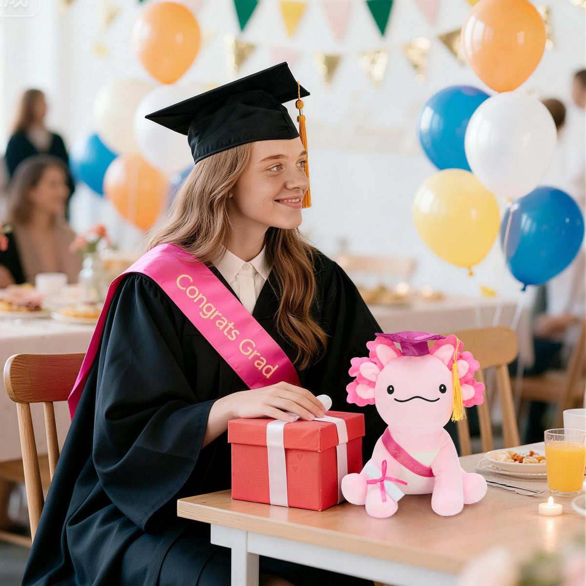 Tezituor axolotl plush used as a photo prop for graduation