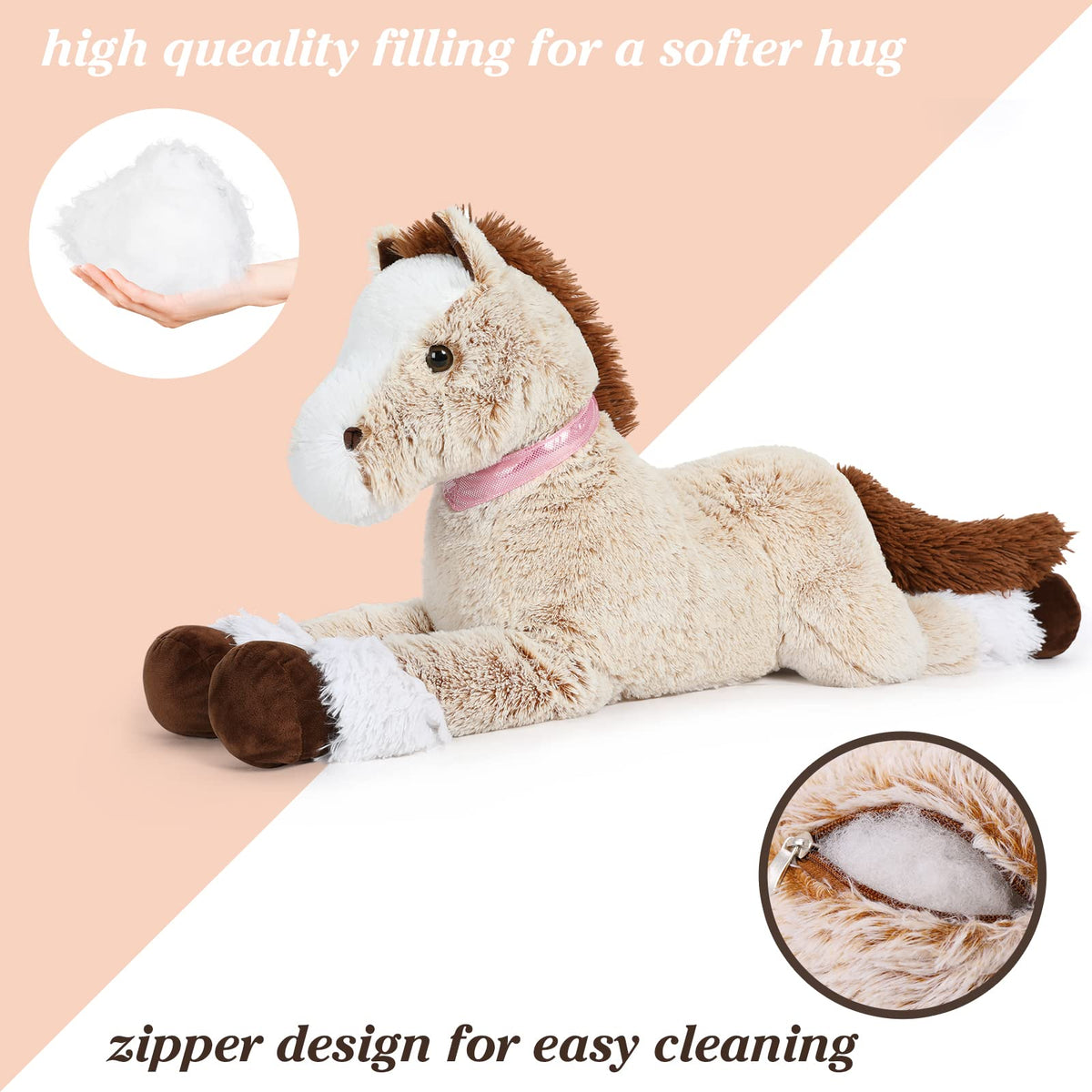 Tezituor pink reins detail on the plush horse for a lifelike feel.
