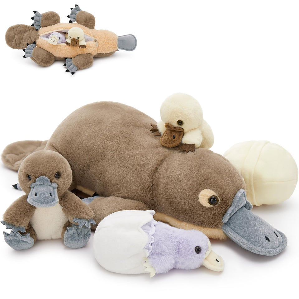 Tezituor platypus mother plush with expressive eyes for comforting hugs.