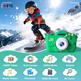 Tezousi kids camera with dinosaur design back view showing easy grip