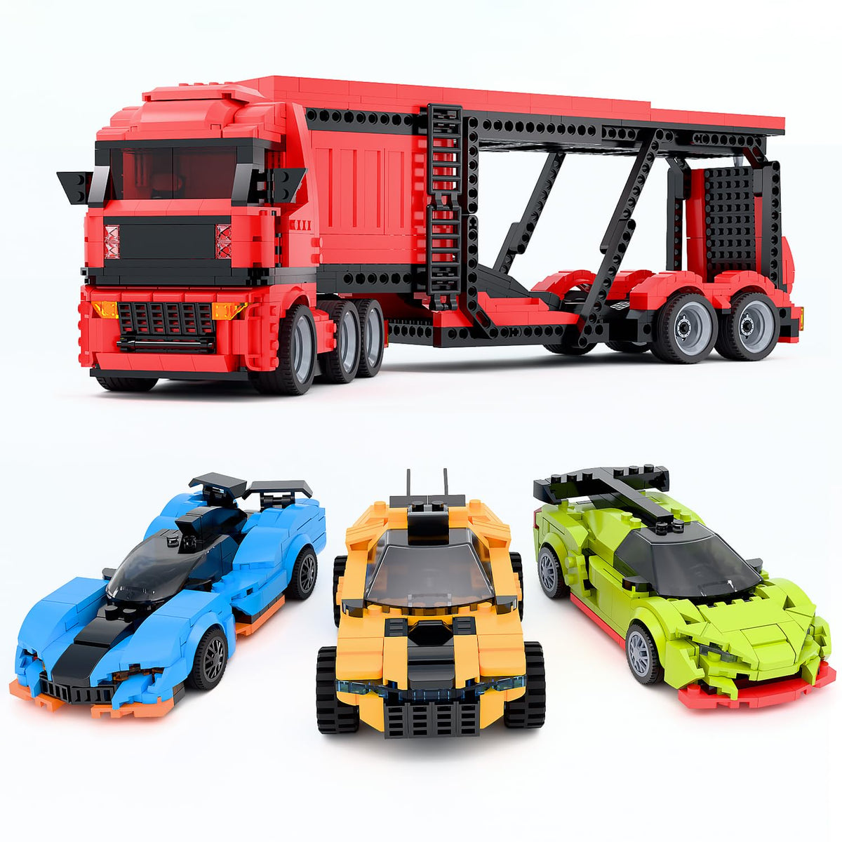 TG BLOCKS Micro Brick Car Transporter front view highlighting the carrier for durable play