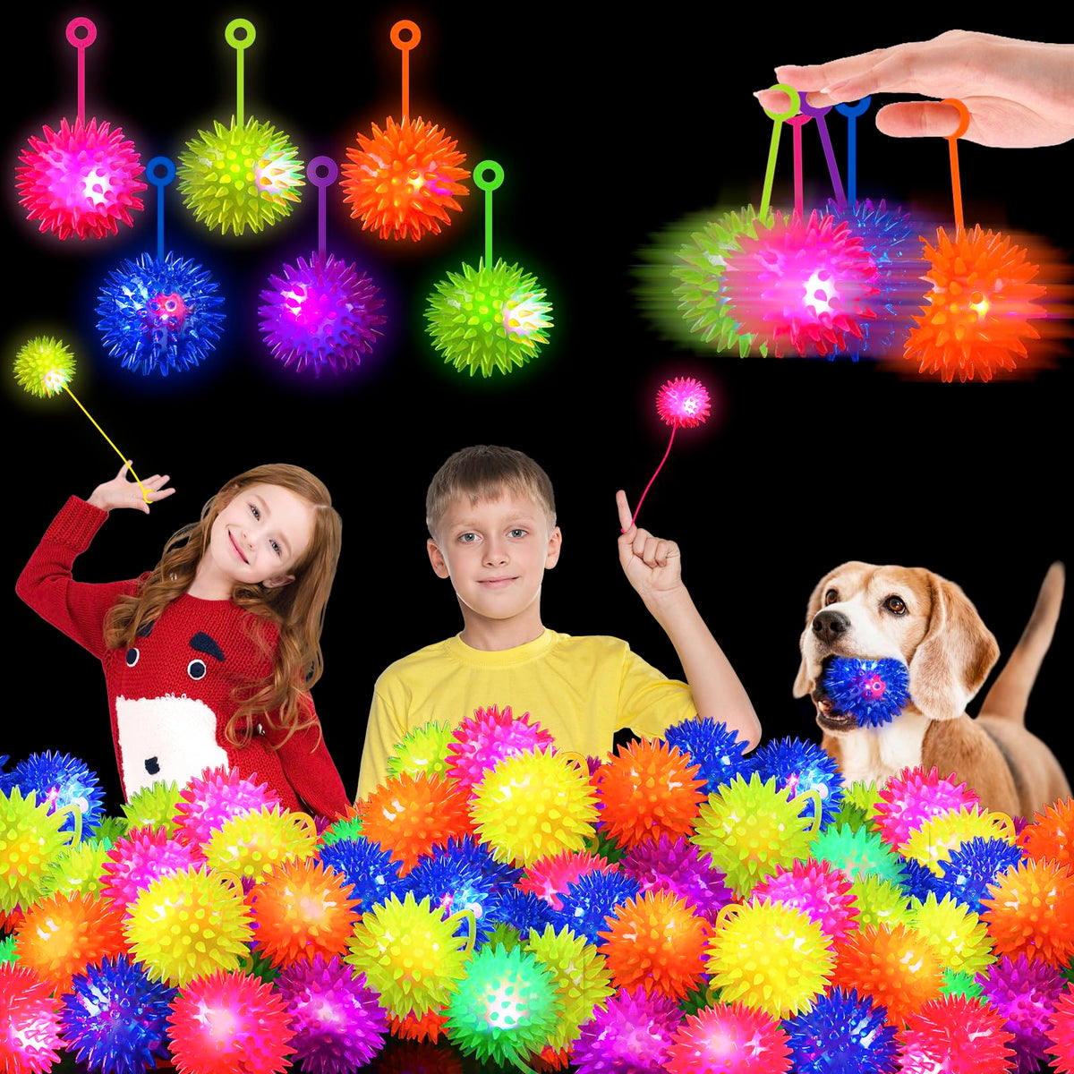 TGIQROVE light-up bouncy ball in six colors glowing during play for kids and dogs.