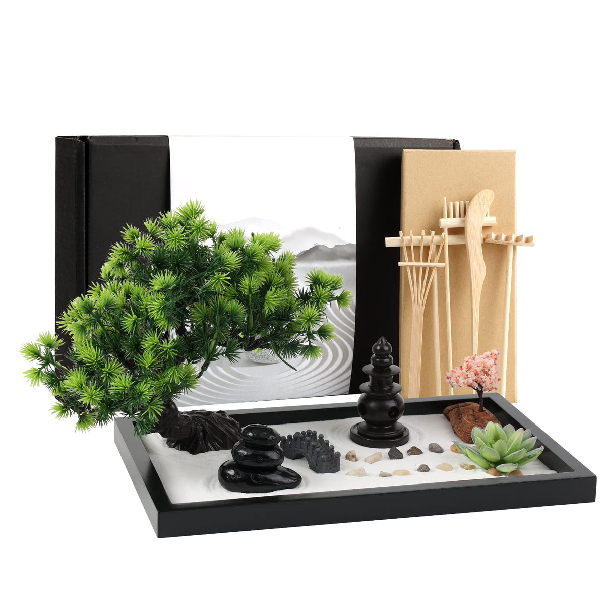 Thaibear Zen Garden Kit with black tray on a desk, promoting calm focus and aesthetic appeal.