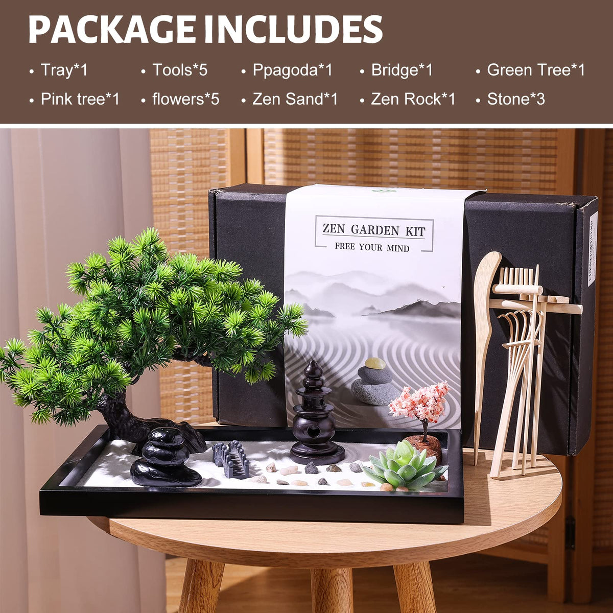 Thaibear Zen Garden Kit rake tools for mindful arrangement during work or study sessions.