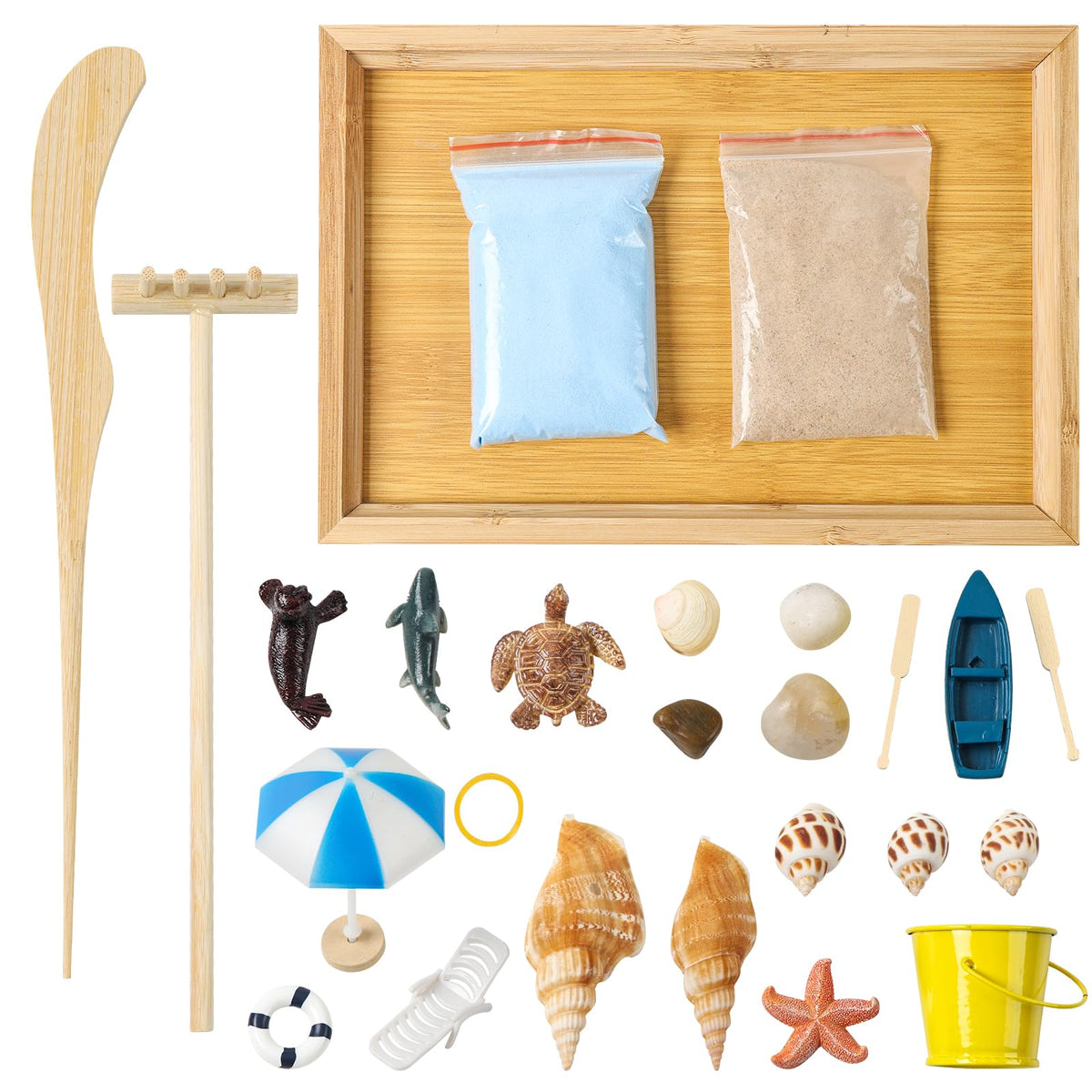 Thaibear Zen Garden Kit with yellow-blue quartz sand for soothing desk meditation.