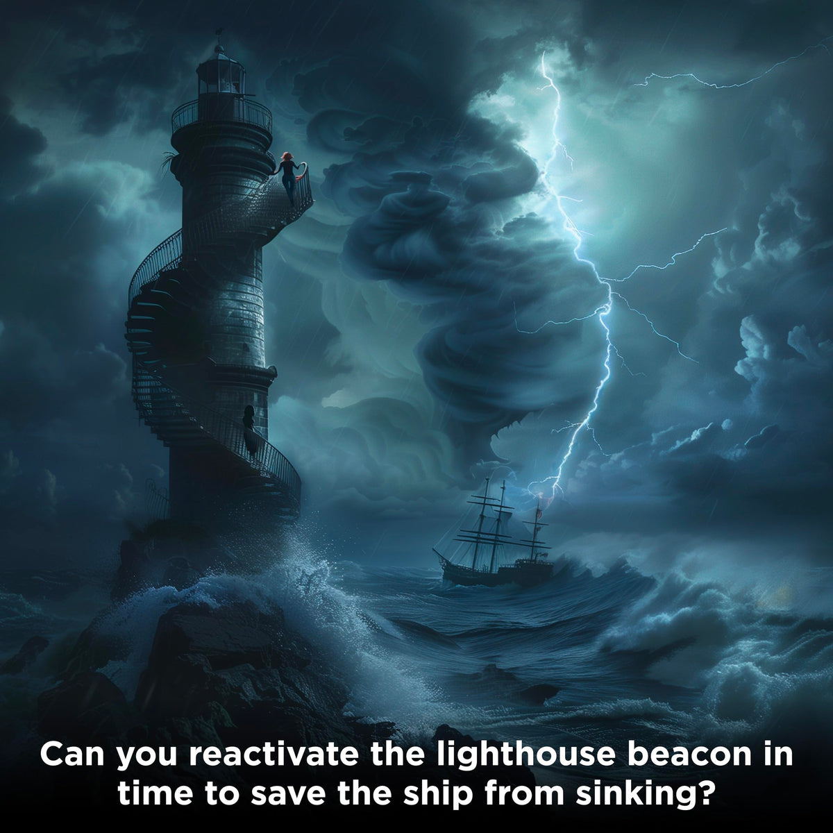 Thames & Kosmos EXIT Deserted Lighthouse lighthouse beacon illustration shows dramatic tension.