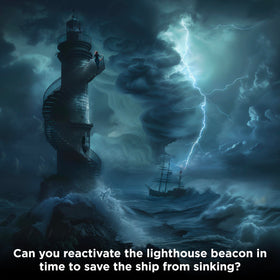 Thames & Kosmos EXIT Deserted Lighthouse lighthouse beacon illustration shows dramatic tension.