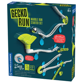 Thames and Kosmos Gecko Run starter set on a vertical marble run layout shows height and flexibility.