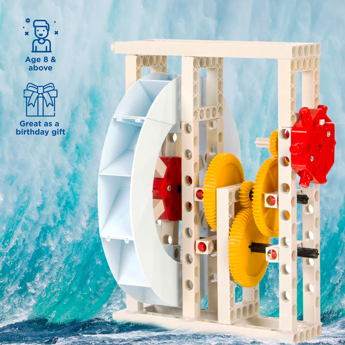 Thames & Kosmos Hydropower sawmill model shows water energy driving mechanical tasks
