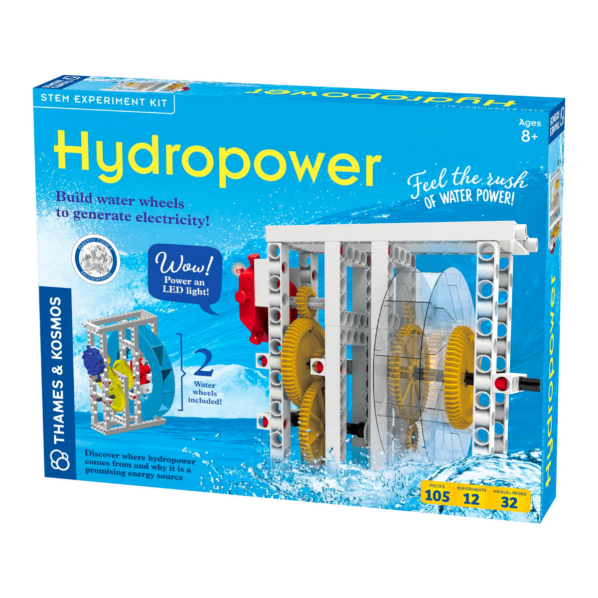 Thames & Kosmos Hydropower waterwheel model demonstrates converting flowing water into mechanical work
