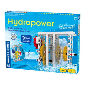 Thames & Kosmos Hydropower waterwheel model demonstrates converting flowing water into mechanical work