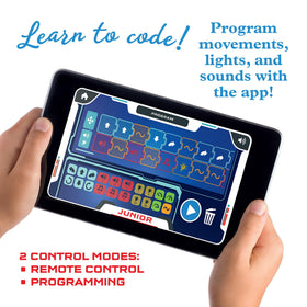 Thames & Kosmos Junior robot app interface makes block-based coding approachable on a tablet.