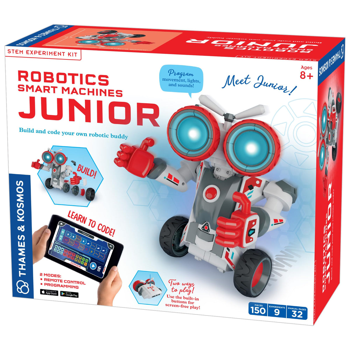 Thames & Kosmos Junior robot assembly shows a sturdy 9-inch bot ready for hands-on learning.