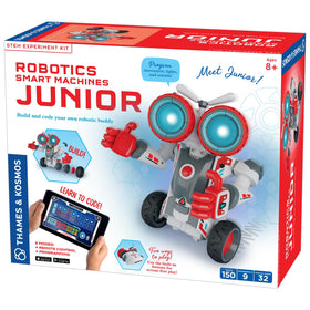Thames & Kosmos Junior robot assembly shows a sturdy 9-inch bot ready for hands-on learning.