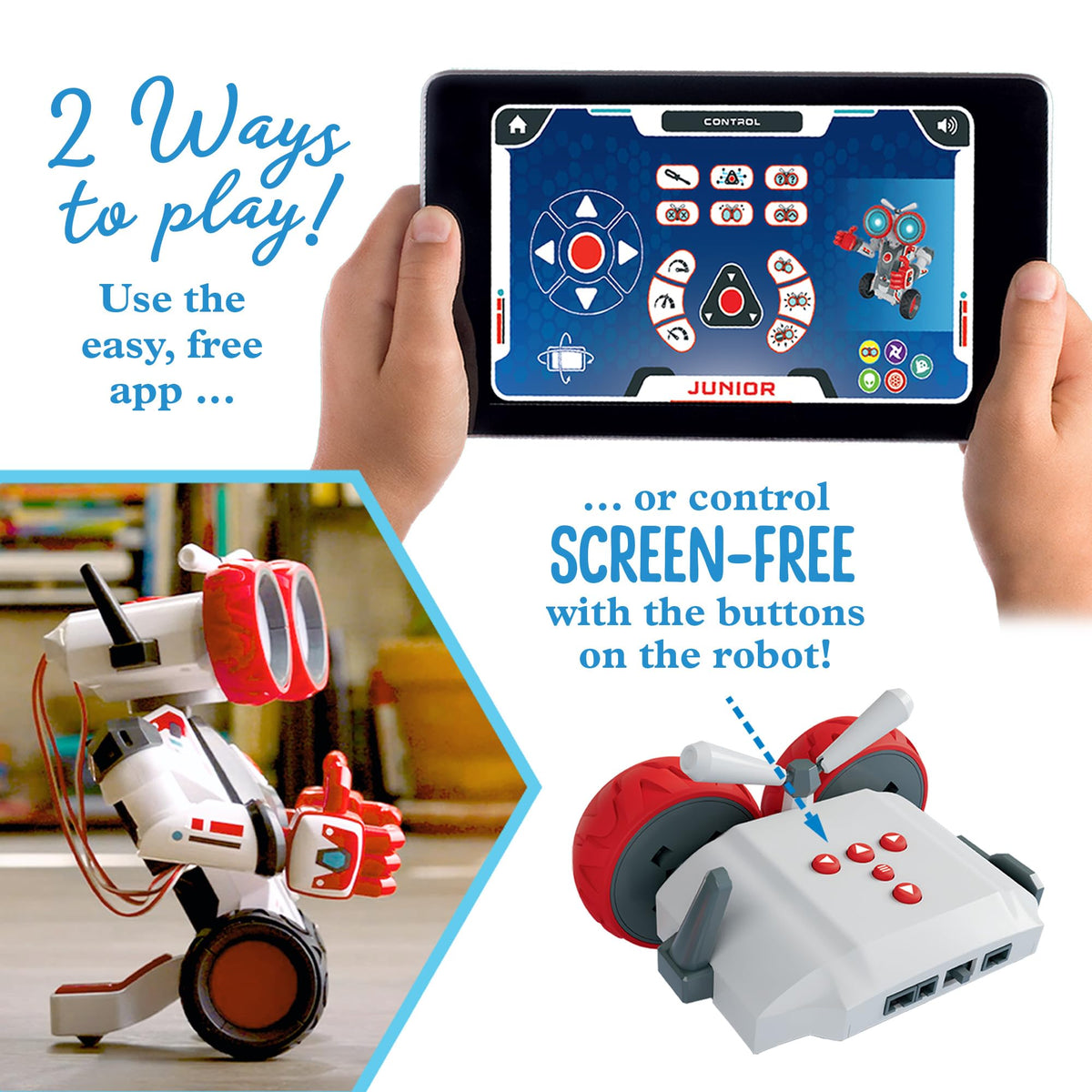 Thames & Kosmos Junior robot eyes light up with programmable LED effects for expressive play.