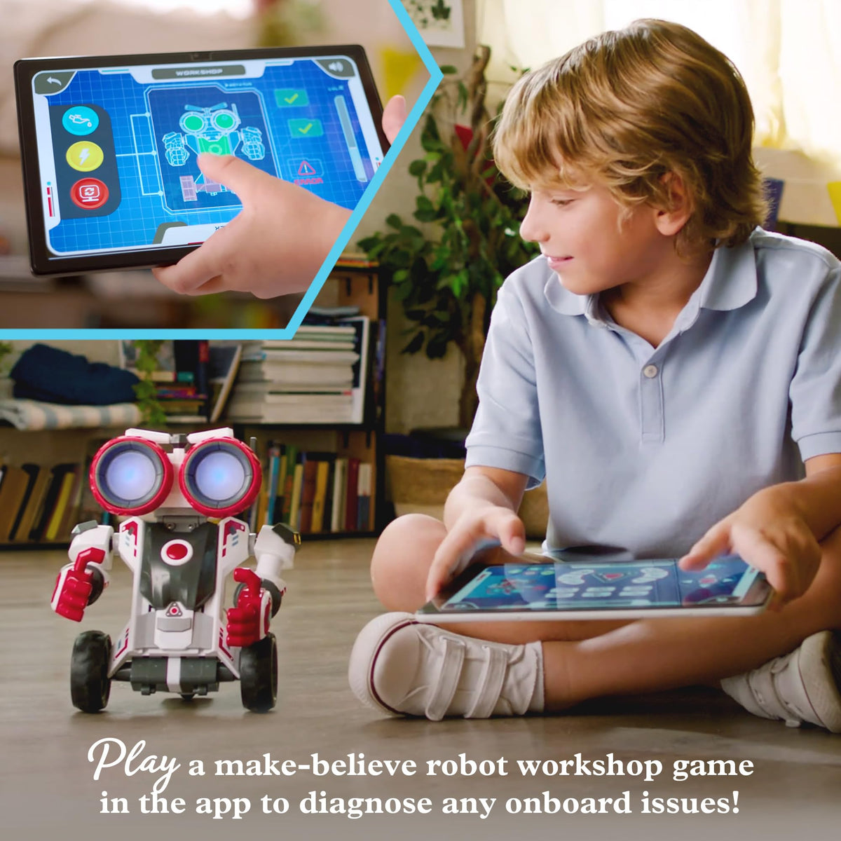Thames & Kosmos Junior robot workshop-diagnosis game guides troubleshooting using the app.