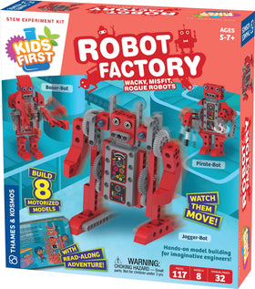 Thames & Kosmos Kids First Robot Factory storybook manual guides young engineers through playful instruction.