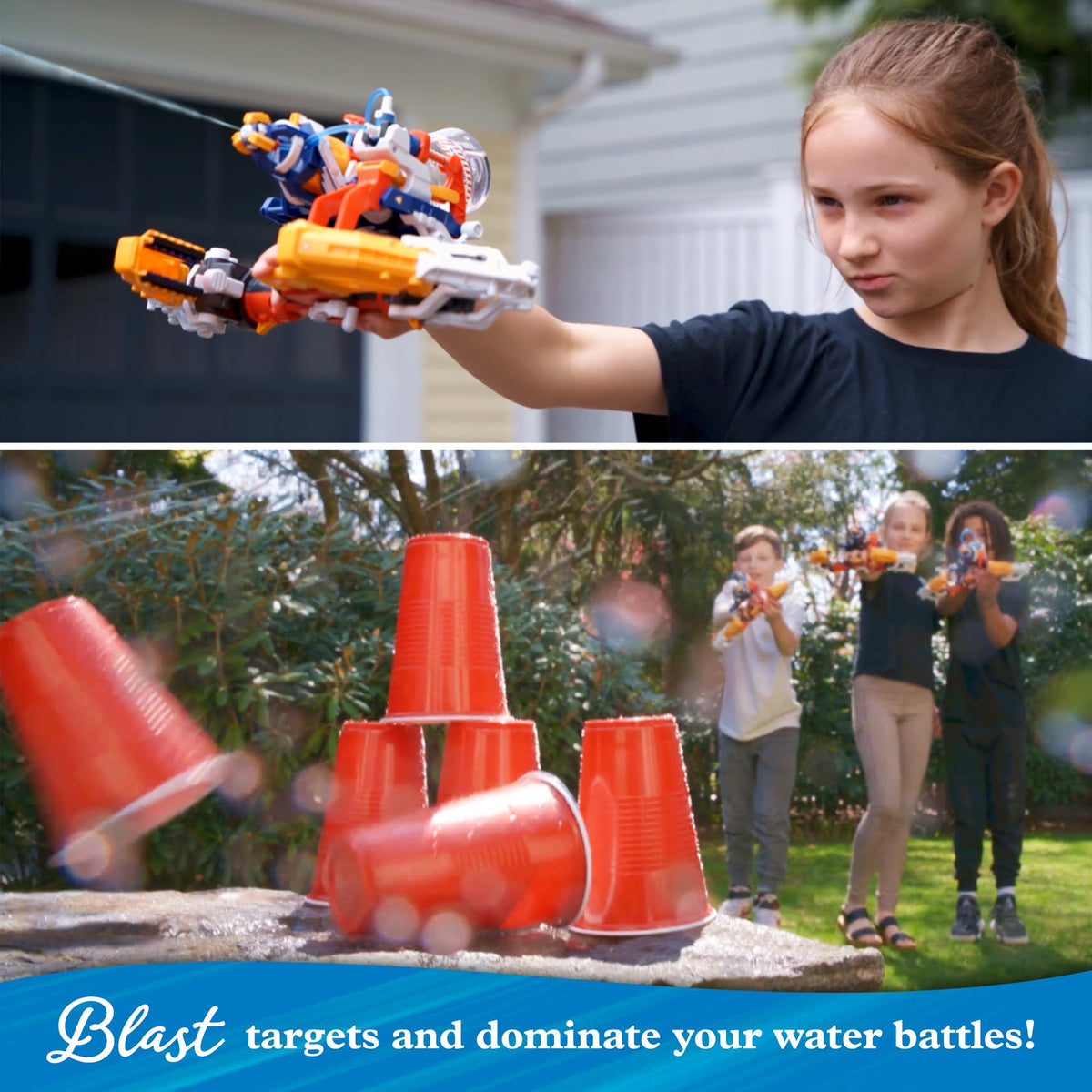 Hydraulic power drives water stream up to 20 feet during play