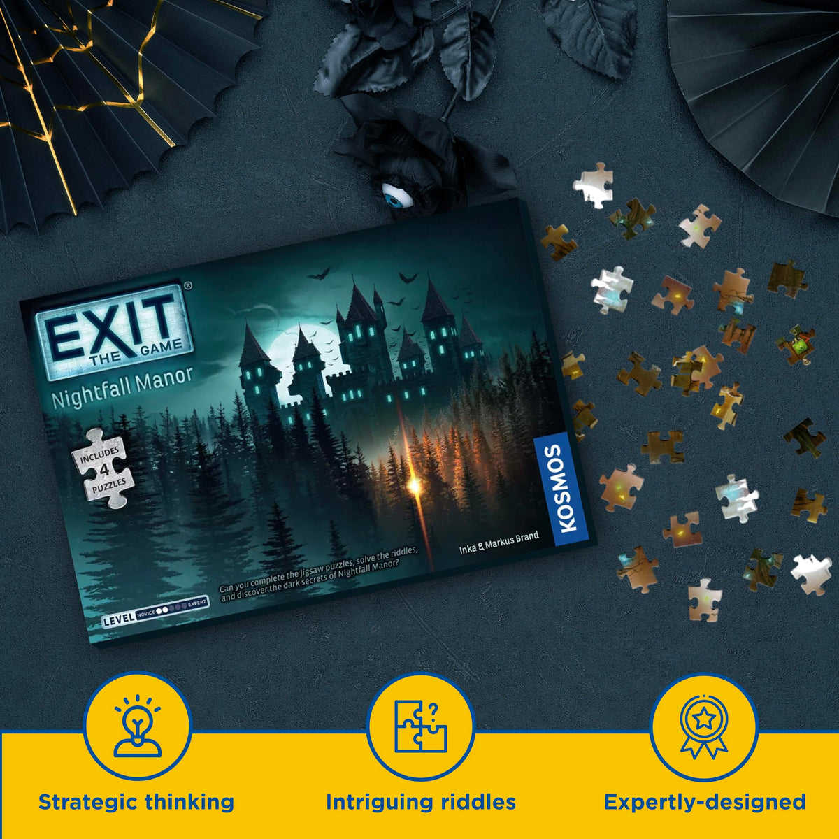 Thames & Kosmos Nightfall Manor supports 1–4 players for shared problem solving.