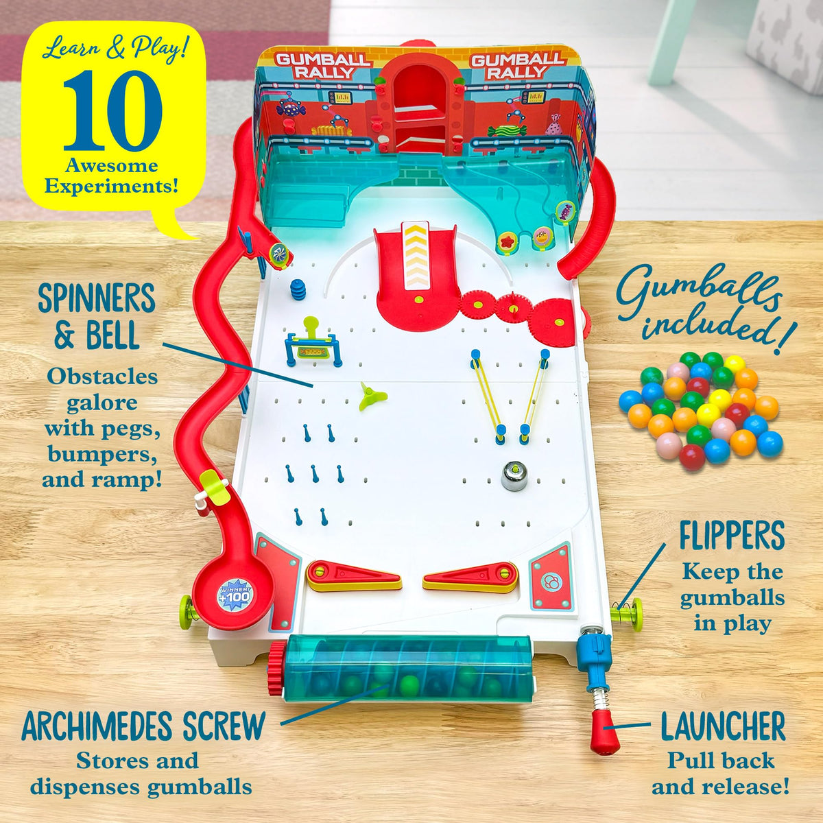 Thames & Kosmos Pinball Machine Maker central ramp directing gumballs through levels