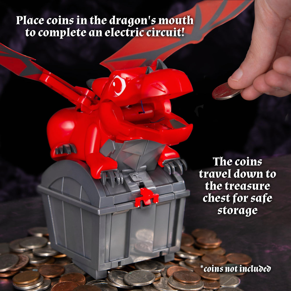 Close-up of Thames & Kosmos dragon mouth accepting a coin to start the mechanism.