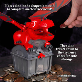 Close-up of Thames & Kosmos dragon mouth accepting a coin to start the mechanism.