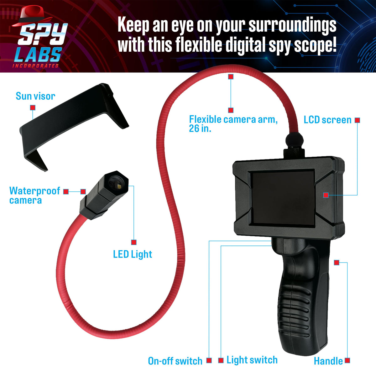 Thames & Kosmos Spy Labs Inc Digital Snake Scope end camera transmits color images to the 2.3-inch LCD.