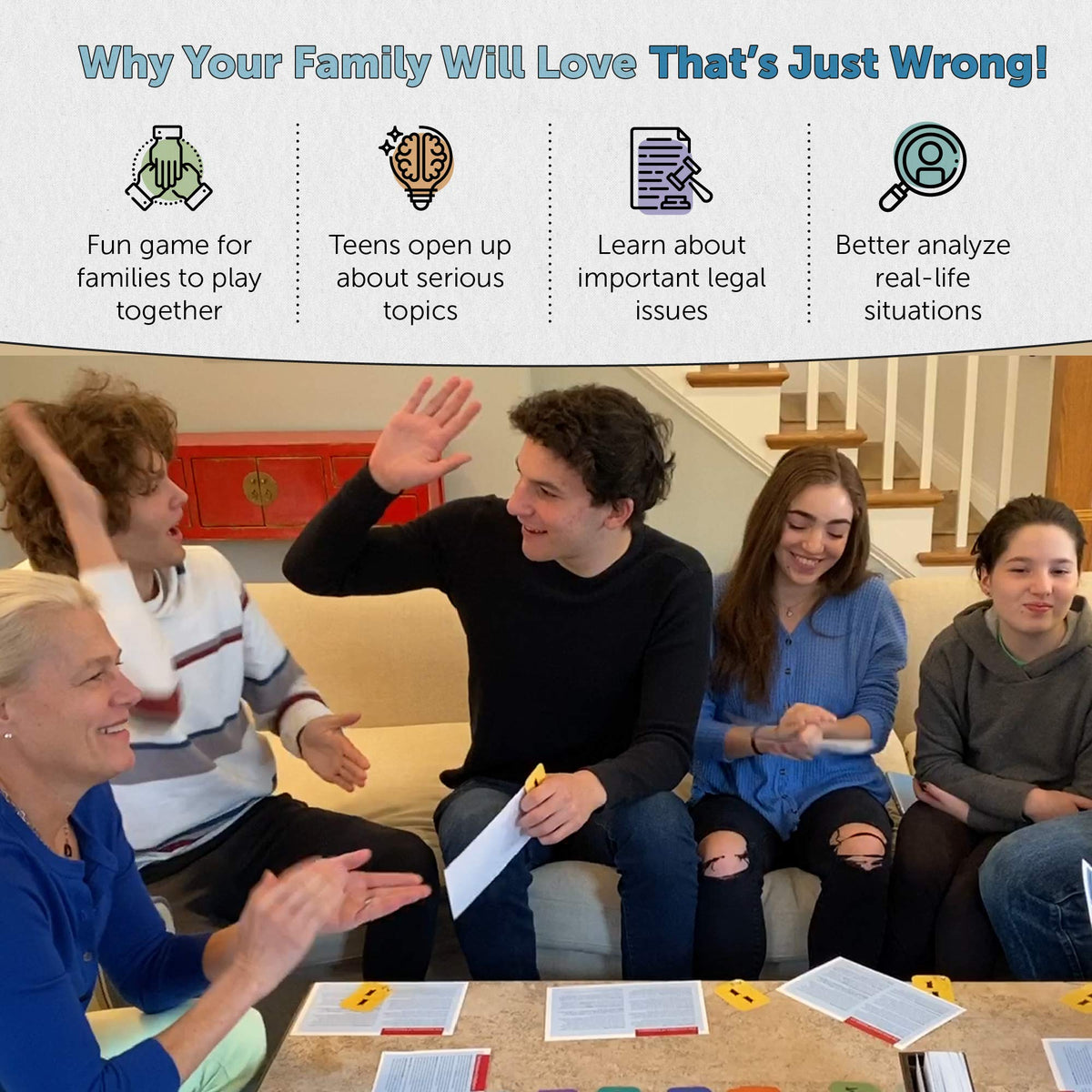 That's Just Wrong! case files cards used to explore ethical dilemmas and judgments.
