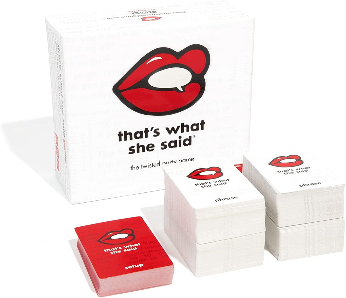 That's What She Said white card deck closeup with punchy prompts.