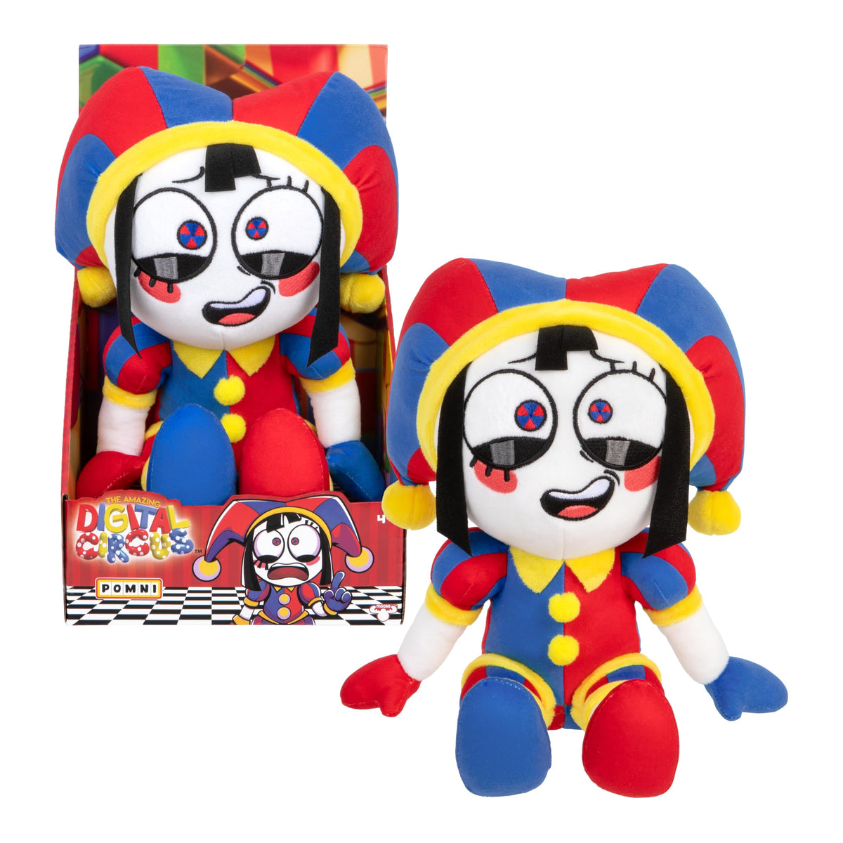 Pomni plush materials close-up on The Amazing Digital Circus figure, highlighting premium softness.