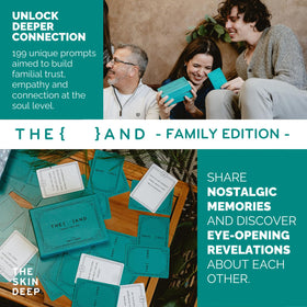 The And Family Edition closeup of cards reveals prompts that invite stories.