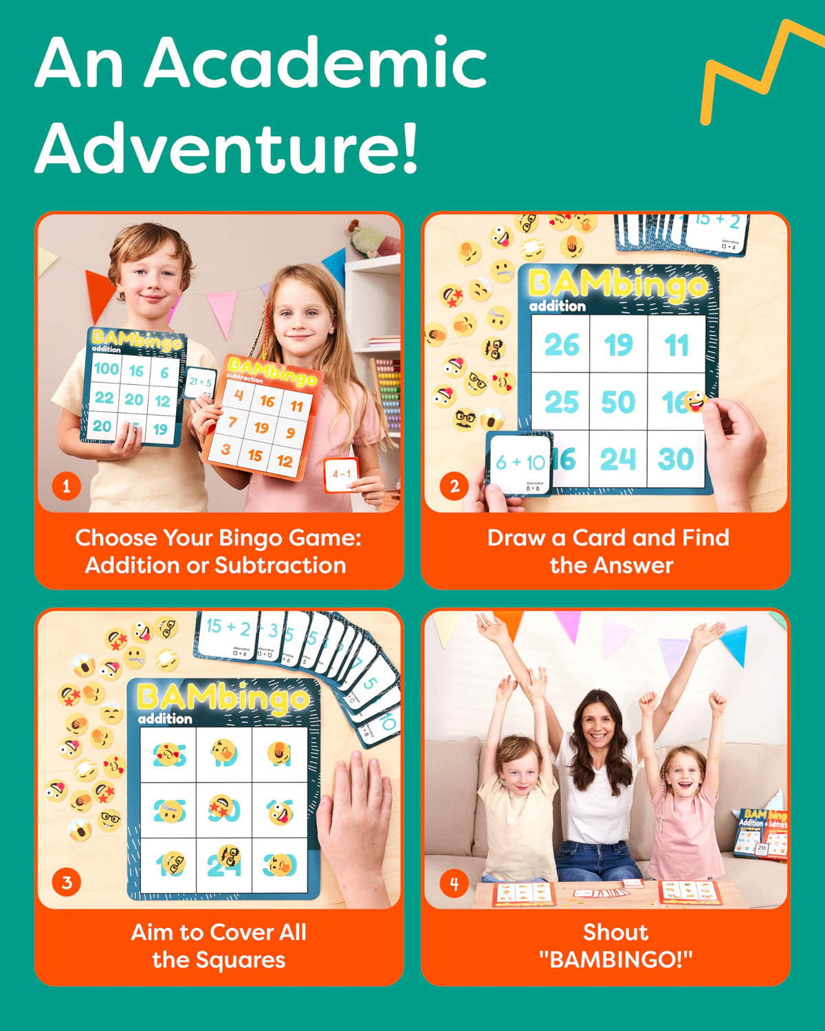The Bambino Tree Bingo board and pieces enable active, collaborative math play.