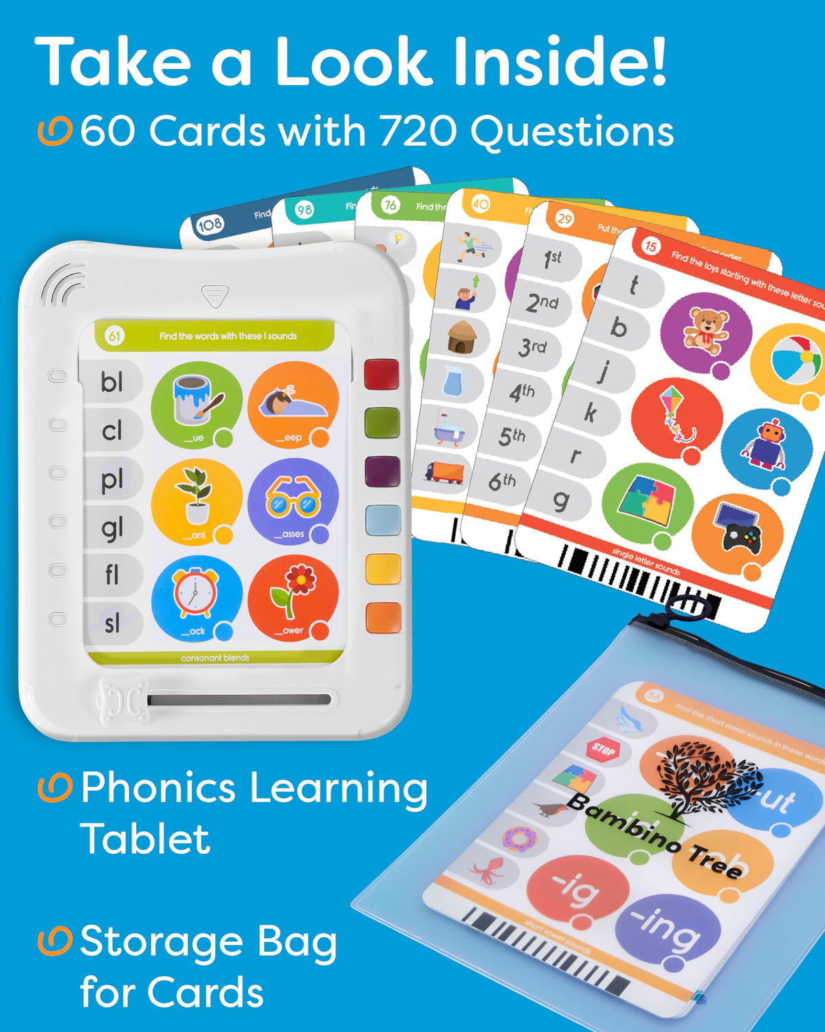 The Bambino Tree educational flashcards paired with spoken sounds reinforce sound-letter connections.