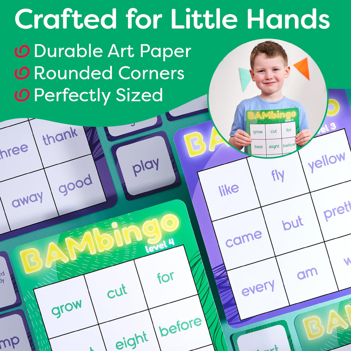 The Bambino Tree waterproof coating keeps cards clean during busy play