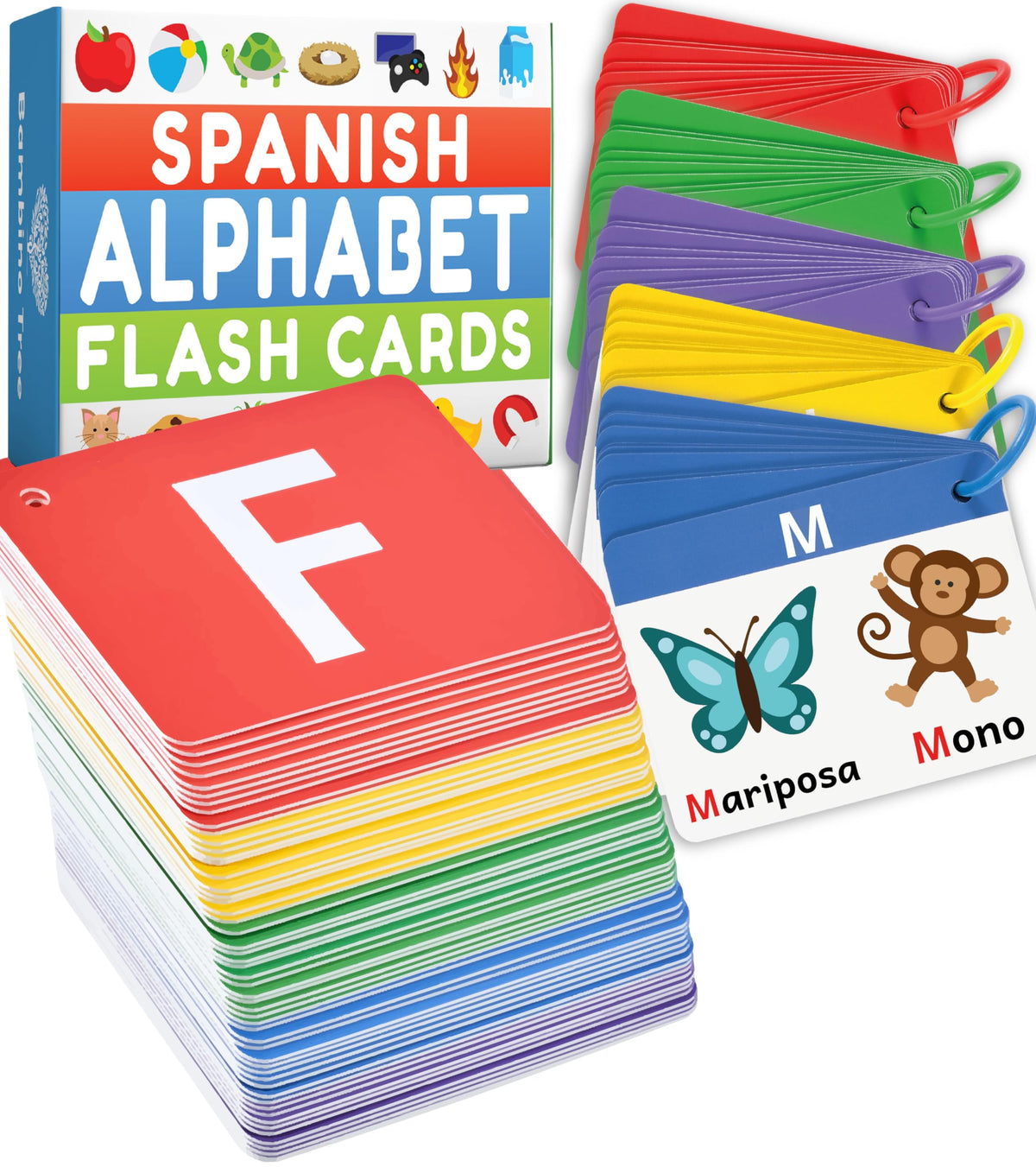 The Bambino Tree Spanish Alphabet Flashcards cover showing bold letters for early recognition