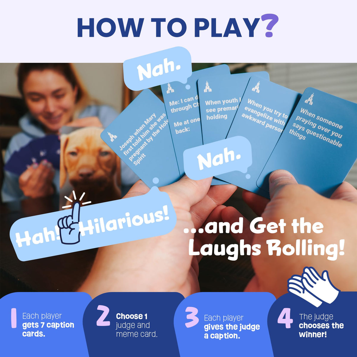 The Christian Meme Game card draw setup during a party.