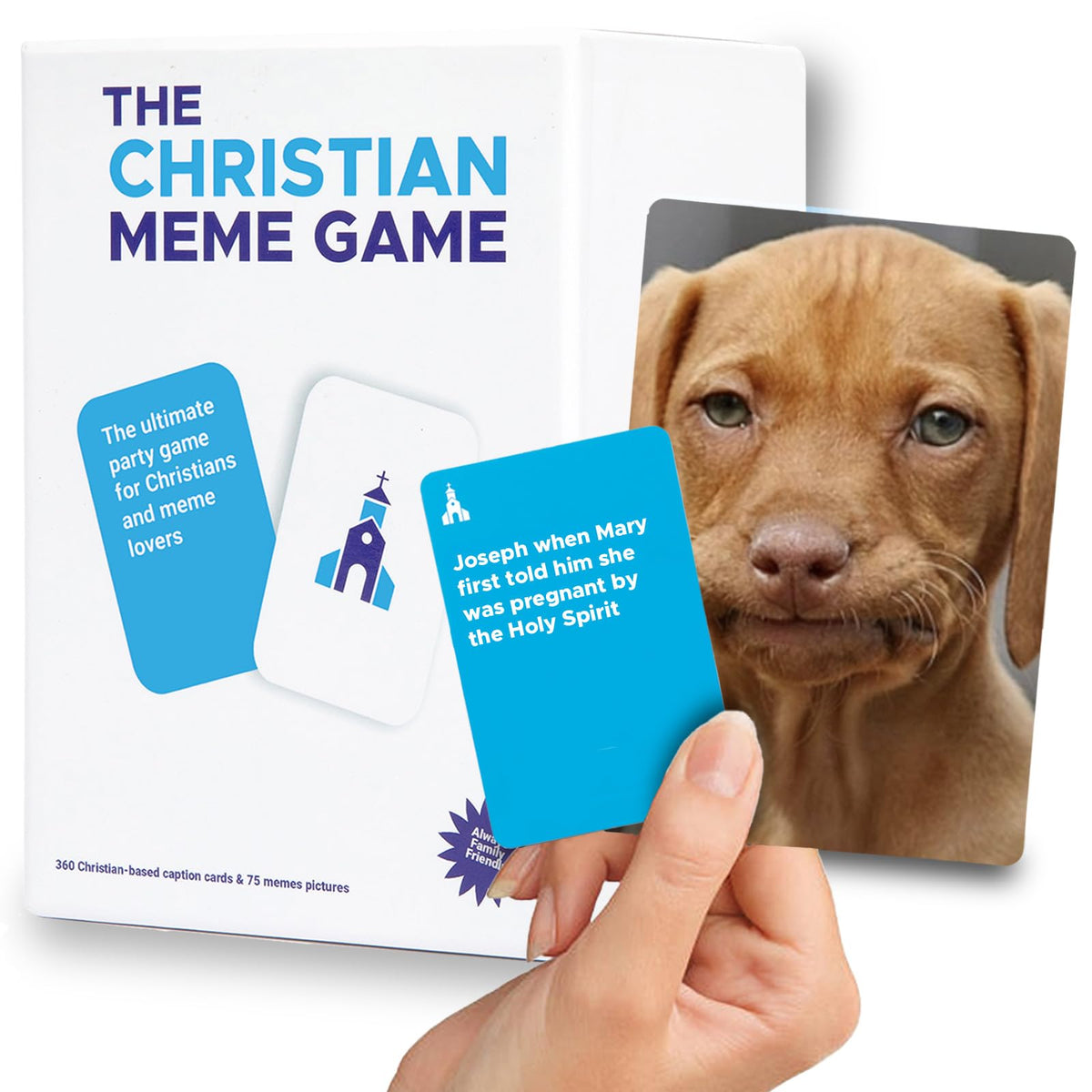 The Christian Meme Game pack shot, 75 memes for family faith filled fun.