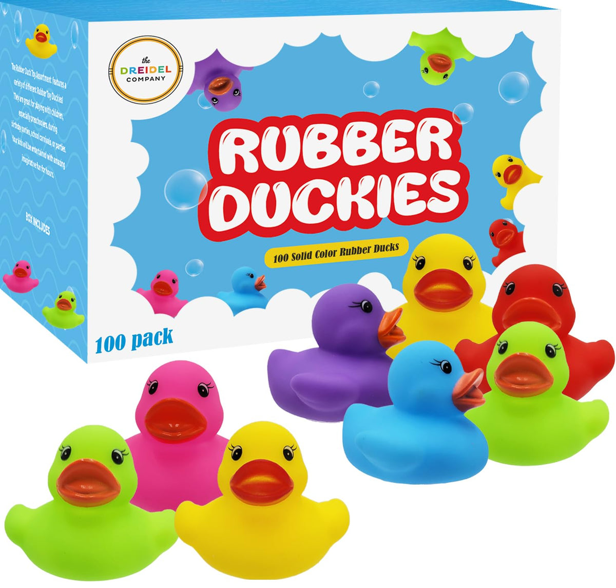 The Dreidel Company classic rubber ducks in multi colors for bath time fun.
