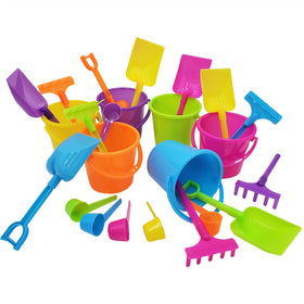 The Dreidel Company rake with neon hues supports imaginative sand builds.