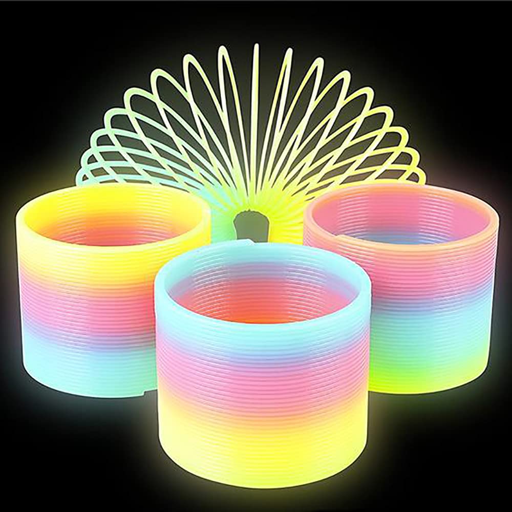 Rainbow coil spring close-up shows multicolor plastic design for tactile fun