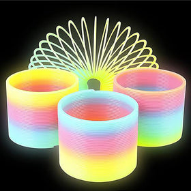 Rainbow coil spring close-up shows multicolor plastic design for tactile fun